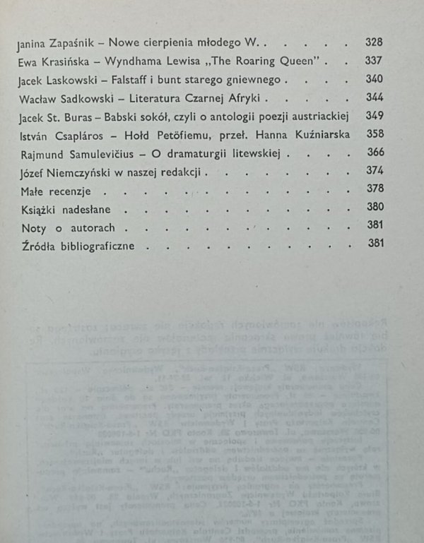 Literatura na świecie 12/1973 • Sylvia Plath. Szklany klosz - spis treści