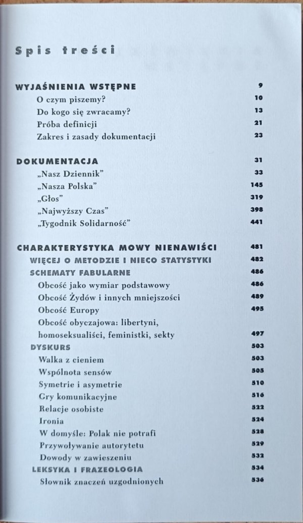 Sergiusz Kowalski, Magdalena Tulli  Zamiast procesu. Raport o mowie nienawiści - spis treści
