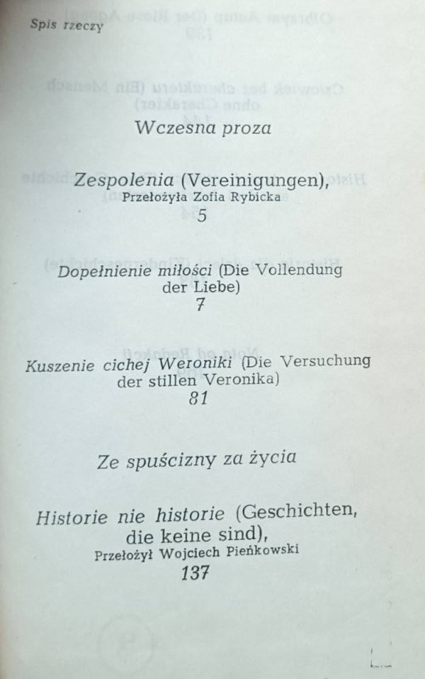 Robert Musil • Zespolenia. Historie nie historie  - spis treści