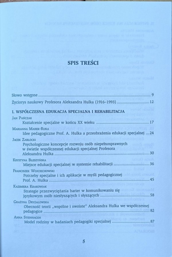 Spis treści książki 'Paradygmaty i przeobrażenia edukacji specjalnej w świetle dorobku profesora Aleksandra Hulka