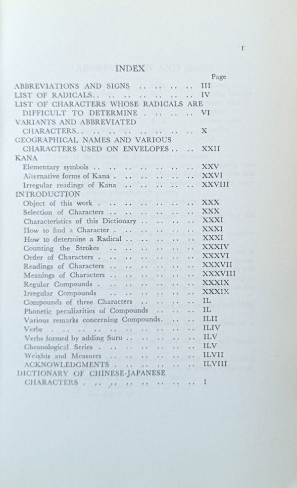 Spis treści książki Beginners' Dictionary of Chinese-Japanese Characters autorstwa Arthur Rose-Innes, strona 1