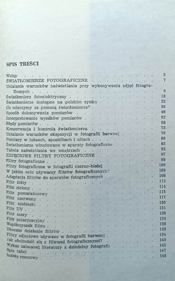 Ryszard Kreyser Światłomierze i filtry fotograficzne w praktyce amatorskiej - spis treści