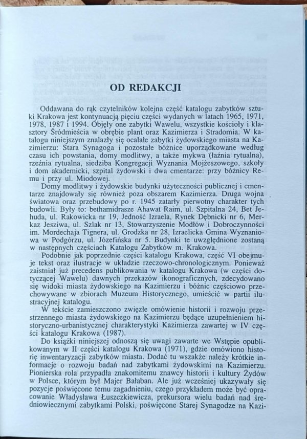 Katalog zabytków sztuki. Kraków - Kazimierz. Stradom. Judaica - od redakcji