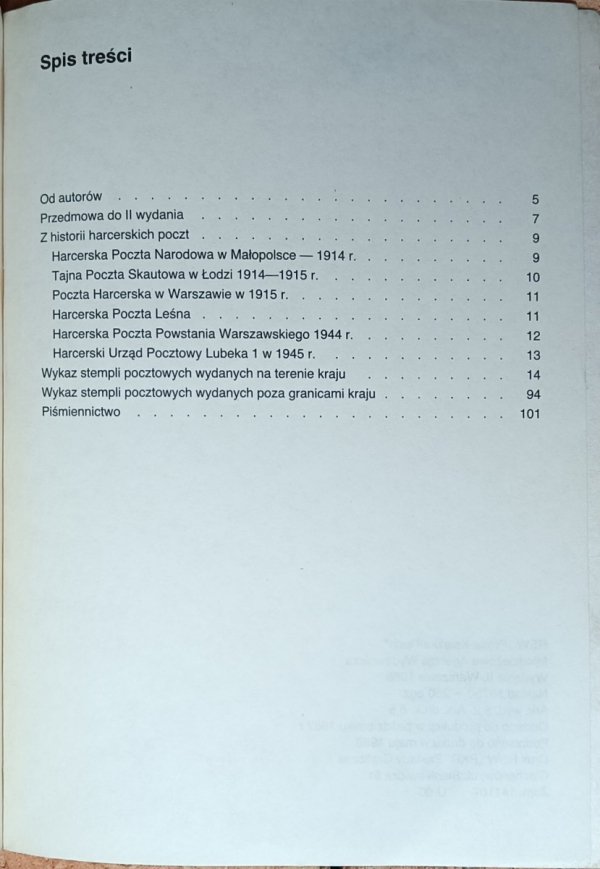 Ryszard Jakubowski, Witold Rusiniak Stemple pocztowe o tematyce harcerskiej 1914-1985 - spis treści