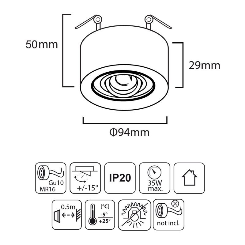 Lampa, oczko, oprawa sufitowa Maclean, dla źródeł światła MR16/GU10, kolor biały, 94x32mm, okrągła, aluminiowa, MCE462 W