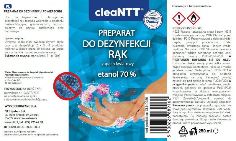 Preparat do dezynfekcji rąk cleaNTT CLN0080 o zapachu kwiatowym, 250 ml