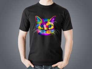 Koszulka czarna personalizowana kolorowy kot - Studioix.pl