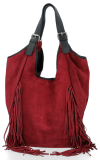 Modne Torebki Skórzane Shopper Bag z Frędzlami firmy Vittoria Gotti Bordowa