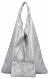 Włoska Torebka Skórzana Shopper Bag z Małą Kosmetyczką 5820S Srebrna