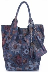 VITTORIA GOTTI Made in Italy Módní Kožená kabelka Shopperbag vzor v květech multicolor - modrá