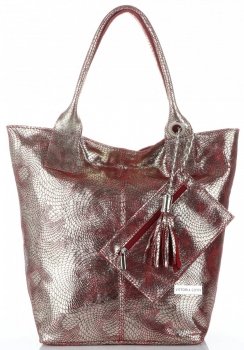Vittoria Gotti Elegancki Skórzany Shopper z Etui w rozmiarze XL Czerwony ze złotem