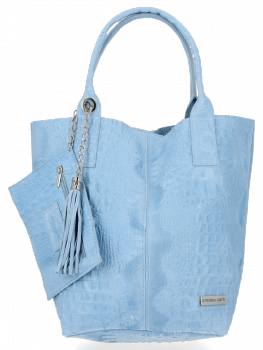 Włoskie Torebki Skórzane Shopper Bag w motyw aligatora firmy Vittoria Gotti Błękitna
