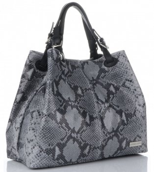 Vittoria Gotti Ekskluzywna Torba Skórzana Włoski Shopper w rozmiarze XL motyw węża Jasno Szara