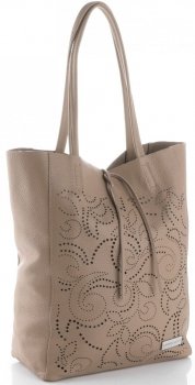 Vittoria Gotti Włoski Skórzany ShoppeBag z Kosmetyczką w modne wycinane wzory Ziemisty