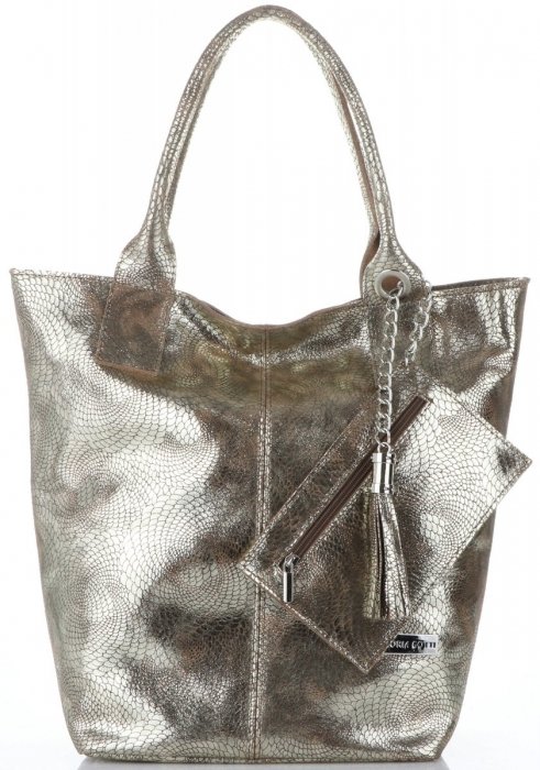 Vittoria Gotti Elegancki Skórzany Shopper z Etui w rozmiarze XL Ziemisty ze złotem