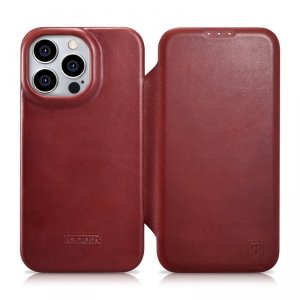 iCarer CE Oil Wax Premium Leather Folio Case skórzane etui iPhone 14 Pro z klapką magnetyczne MagSafe czerwony (AKI14220706-RD)