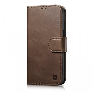 iCarer Oil Wax Wallet Case 2in1 etui iPhone 14 Pro Max skórzany pokrowiec z klapką Anti-RFID brązowy (WMI14220724-BN)