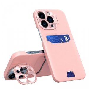 Leather Stand Case etui do iPhone 14 Pro pokrowiec portfel na kartę z podstawką różowe