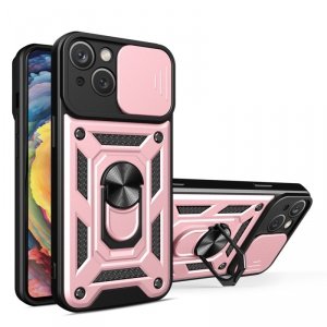 Pancerne etui z podstawką i osłoną aparatu do iPhone 15 Plus Hybrid Armor Camshield - różowe