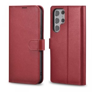 iCarer Haitang Leather Wallet Case skórzane etui do Samsung Galaxy S22 Ultra portfel obudowa pokrowiec czerwony (AKSM06RD)