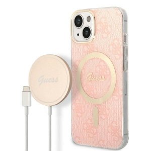 Zestaw Guess GUBPP14SH4EACSP Case+ Charger iPhone 14 / 15 / 13 6,1 różowy/pink hard case 4G Print MagSafe