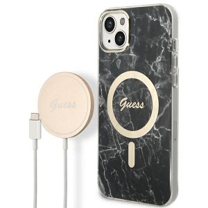 Zestaw Guess GUBPP14MHMEACSK Case+ Charger iPhone 14 Plus / 15 Plus 6.7 czarny/black hard case Marble MagSafe