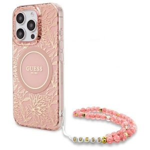 Guess GUHMP16LHCPOFPP iPhone 16 Pro 6.3 różowy/pink hardcase IML Flowers Allover Electro With Pearl Strap MagSafe