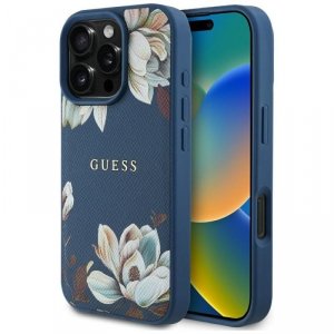 Etui Guess Grained Printed Flower        Pattern MagSafe do iPhone 16 Pro niebieski