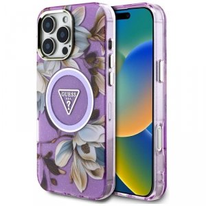 Etui Guess Glitter Flowers Triangle      Buttons MagSafe do iPhone 16 Pro Max fioletowy