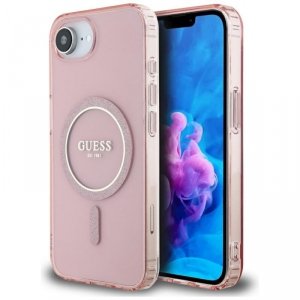 Etui Guess IML Glitter Circle MagSafe do iPhone 16e różowy