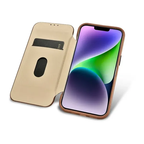 DUPLIKAT: iCarer CE Premium Leather Folio Case skórzane etui iPhone 14 z klapką magnetyczne MagSafe brązowy (WMI14220713-BN)