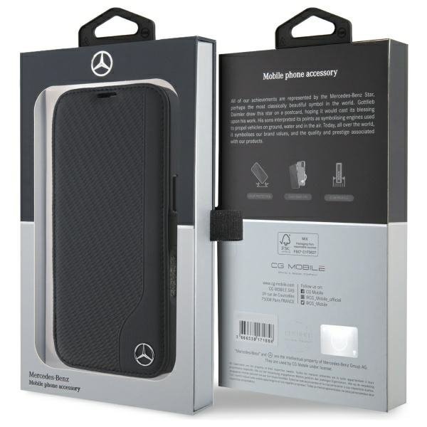 Etui Mercedes Book Case do iPhone 16 6.1” – Skórzane z Motywem Drewna, Czarne