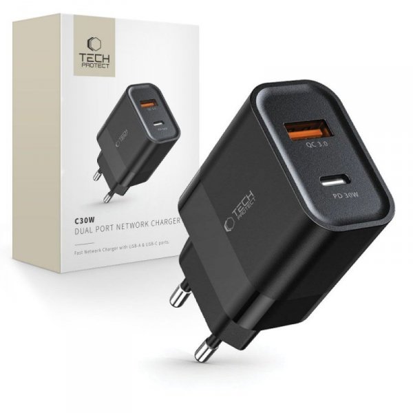 TECH-PROTECT C30W 2-PORT NETWORK CHARGER PD 30W / QC3.0 BLACK