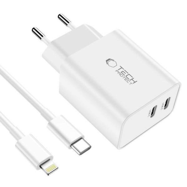 TECH-PROTECT C35W 2-PORT ŁADOWARKA SIECIOWA  PD35W + KABEL LIGHTNING WHITE