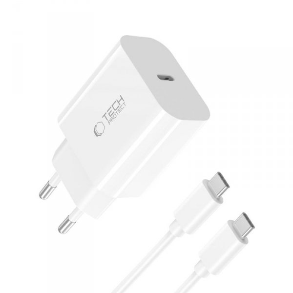 TECH-PROTECT NC20W 1-PORT ŁADOWARKA SIECIOWA  PD20W + KABEL TYP-C  WHITE