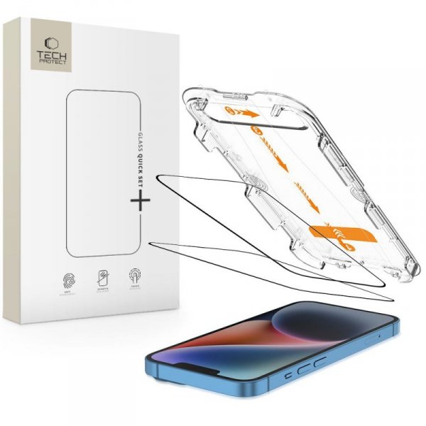 SZKŁO HARTOWANE TECH-PROTECT QUICK SET+ 2-PACK IPHONE 13 / 13 PRO / 14 / 16E BLACK