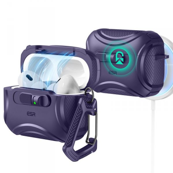Pancerne Etui MagSafe ESR Cyber FlickLock do AirPods Pro 3 Fioletowe z Blokadą