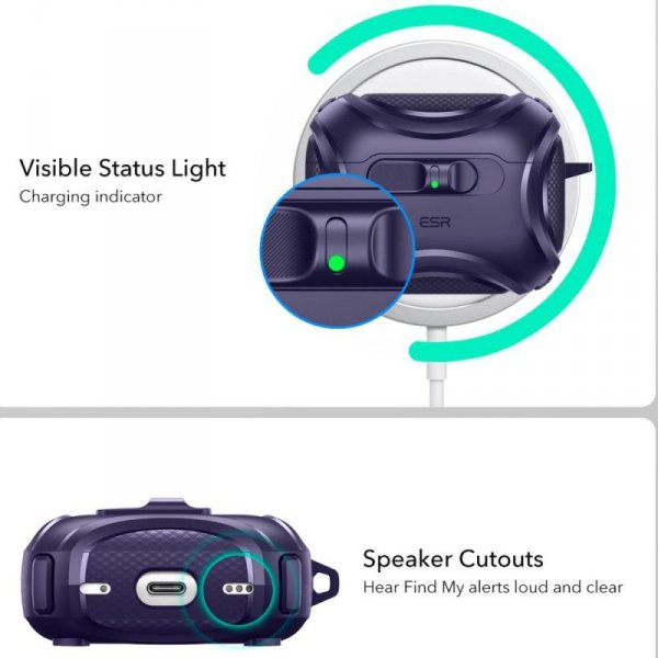 Pancerne Etui MagSafe ESR Cyber FlickLock do AirPods Pro 3 Fioletowe z Blokadą