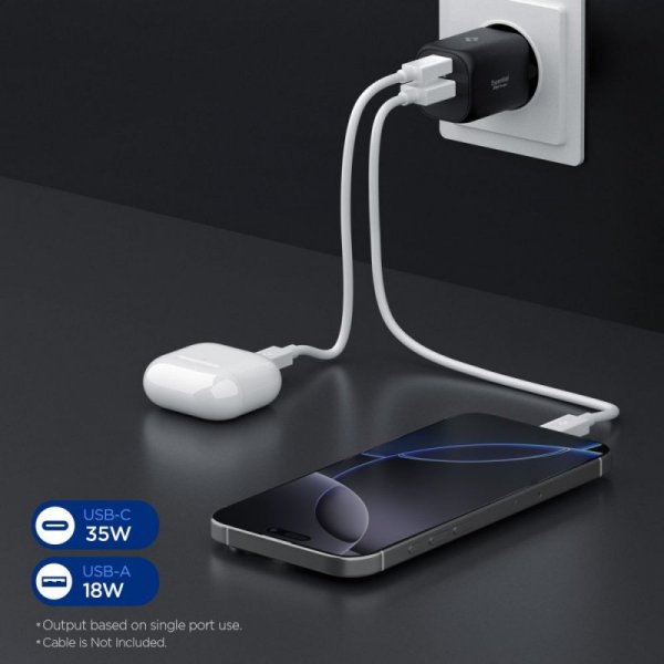 Ładowarka Sieciowa Spigen 35W 2-Porty USB-C + ASB-A Czarna
