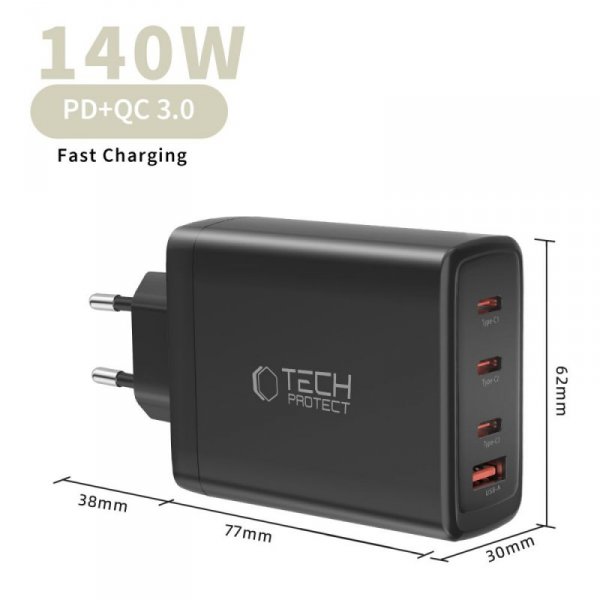 Szybka Ładowarka Sieciowa Tech-Protect NC140W-GAN 4-Port PD 140W / QC3.0 do Laptopa / Telefonu Black