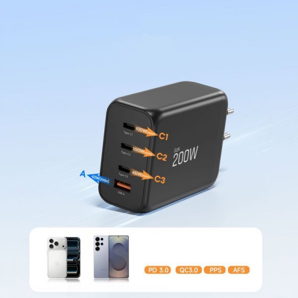 Ładowarka Sieciowa Tech-Protect NC200W-GaN 4-Port PD 200W QC3.0 3xUSB-C 1xUSB-A Czarna