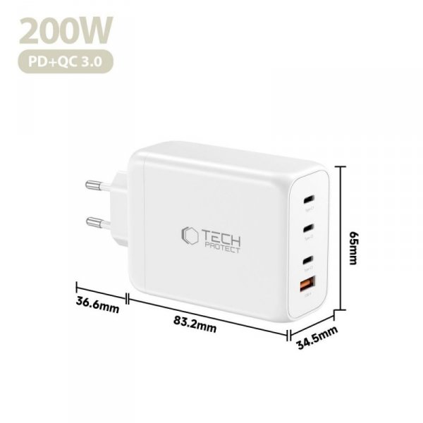 Szybka Ładowarka Sieciowa Tech-Protect NC200W-GaN 4-Port PD 200W QC3.0 White