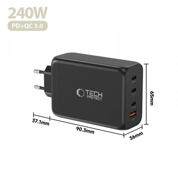 Ładowarka Sieciowa Tech-Protect NC240W-GaN 4-Port PD 240W QC3.0 Black