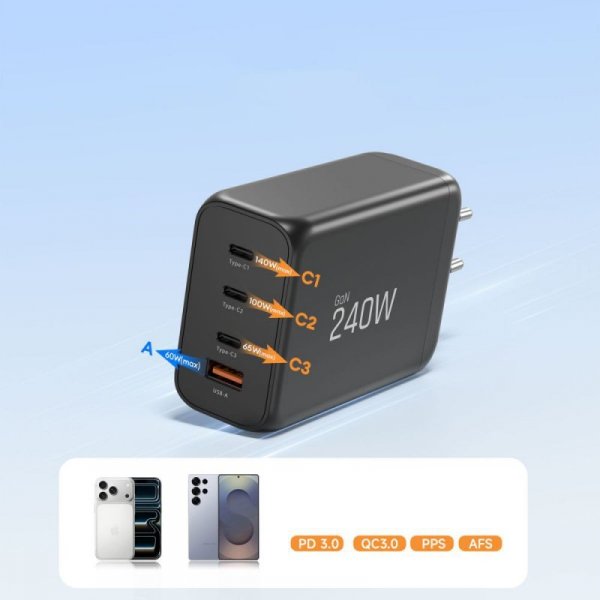 Ładowarka Sieciowa Tech-Protect NC240W-GaN 4-Port PD 240W QC3.0 Black