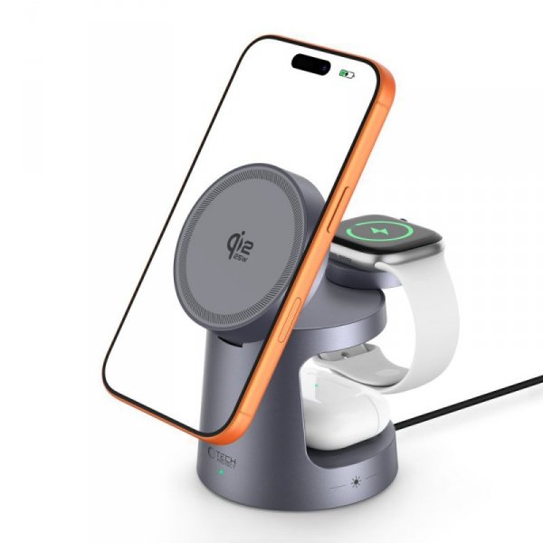 Ładowarka Magnetyczna 3w1 MagSafe TECH-PROTECT A48 25W do iPhone / Apple Watch / AirPods – Szara