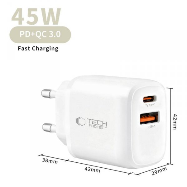 Ładowarka Sieciowa Tech-Protect NCA45W-GaN 2-Port PD 45W QC3.0+ Kabel USB-C White