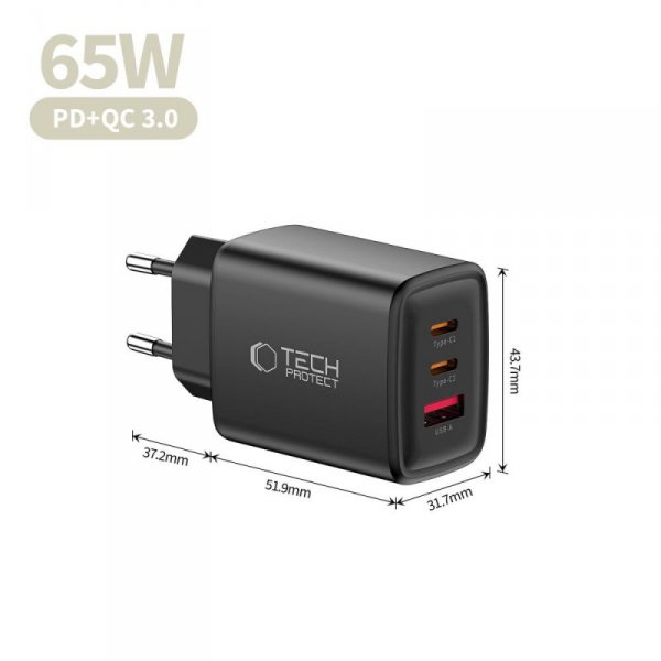 Ładowarka Sieciowa Tech-Protect NCA65W-GaN 3-Port PD 65W Black