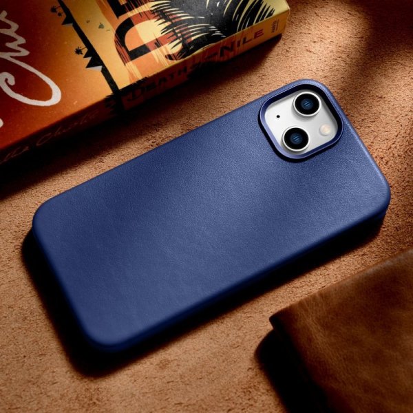 iCarer Case Leather pokrowiec etui z naturalnej skóry do iPhone 14 niebieski (WMI14220705-BU) (kompatybilne z MagSafe)