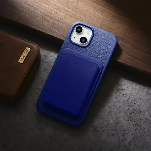 iCarer Litchi Premium Leather Case skórzane etui iPhone 14 magnetyczne z MagSafe ciemnoniebieski (WMI14220709-DB)