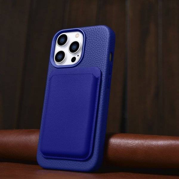 iCarer Litchi Premium Leather Case skórzane etui iPhone 14 Pro Max magnetyczne z MagSafe ciemnoniebieski (WMI14220712-DB)